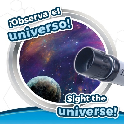 Imagem de um telescópio a observar o universo com texto promocional