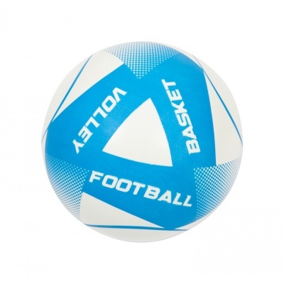 Bola desportiva branca e azul com textos VOLLEY, BASKET e FOOTBALL