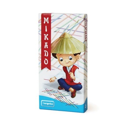 Embalagem do jogo Mikado com personagem animado e linhas coloridas