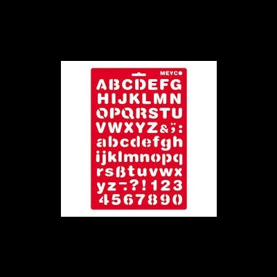 Stencil vermelho com letras, números e símbolos recortados