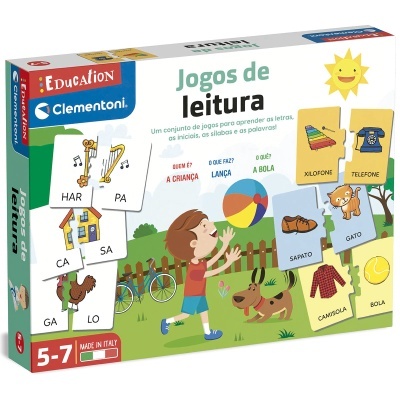 Caixa do jogo educativo 'Jogos de leitura' com ilustrações de peças e menino a jogar fora da caixa.