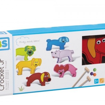 Jogo de croqué com cães de madeira coloridos e marretas numa embalagem azul e branca