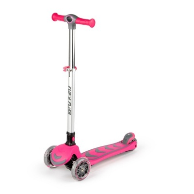 Trottinette infantil rosa com três rodas e estrutura metálica
