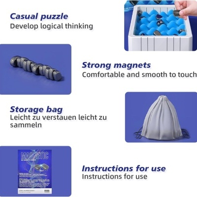 Puzzle magnético com saco de armazenamento e instruções em fundo azul e branco
