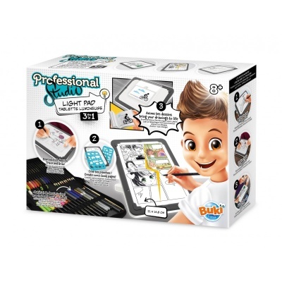 Caixa do produto Professional Studio Light Pad com ilustração de criança a desenhar e material de desenho