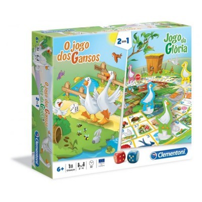 Caixa colorida de jogo de tabuleiro 2 em 1 com gansos e dados da Clementoni