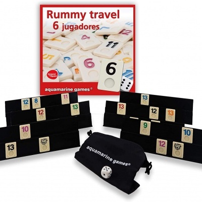Jogo de Rummy travel para 6 jogadores com fichas numeradas, suportes pretos, dado e saco preto