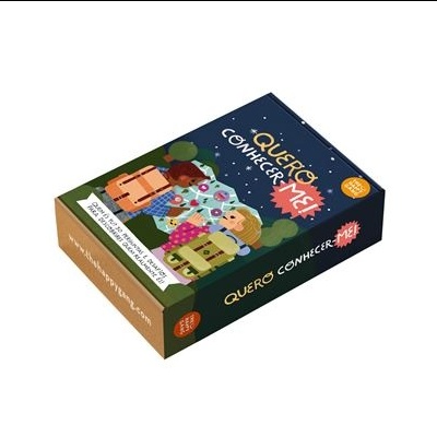 Caixa azul de jogo de cartas 'Quero Conhecer ME!' com ilustrações de personagens coloridas