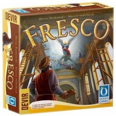 Caixa do jogo de tabuleiro Fresco com ilustração de pintor renascentista e texto