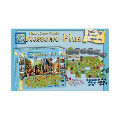 Caixa do jogo Carcassonne-Plus com peças de tabuleiro e marcadores coloridos