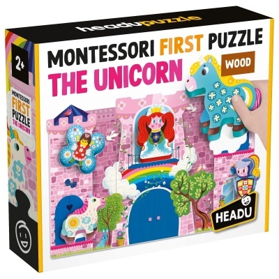 Caixa de puzzle Montessori infantil de madeira com peças coloridas de unicórnio e castelo
