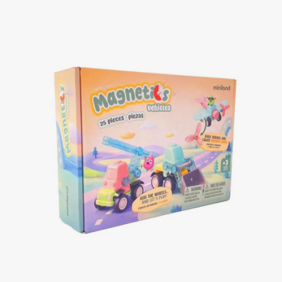 Caixa de brinquedo Magnetics vehicles da Miniland com 25 peças para montar veículos.