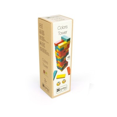 Embalagem do jogo Colors Tower com peças de madeira coloridas.