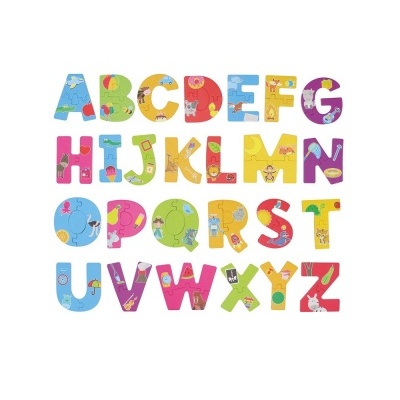 Quebra-cabeças em forma de letras coloridas do alfabeto com ilustrações diversas