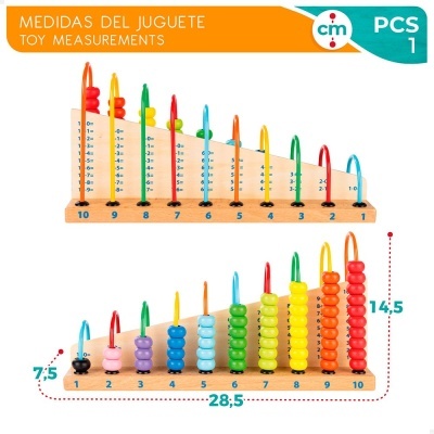Brinquedo educativo de madeira colorido com contas para contagem e medidas em centímetros.