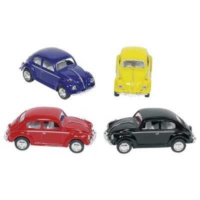 Quatro miniaturas de carros clássicos em azul, amarelo, vermelho e preto