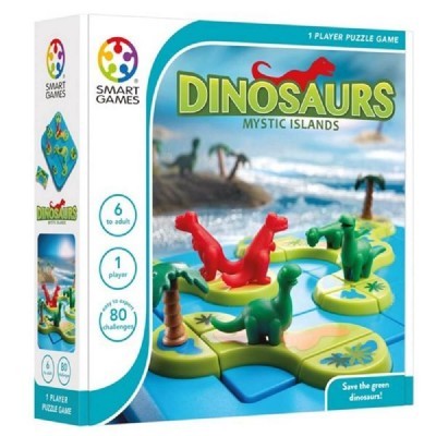Caixa do jogo de tabuleiro Dinosaurs Mystic Islands com peças coloridas de dinossauros e ilhas