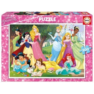 Caixa de puzzle Disney Princesas com 500 peças, imagem de várias princesas Disney em fundo colorido.