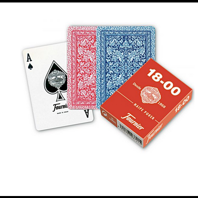 Baralho de cartas com caixa vermelha e Ás de Espadas à face