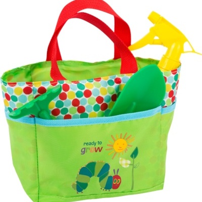 Saco para ferramentas de jardim colorido com alças vermelhas e ferramentas verdes e amarelas