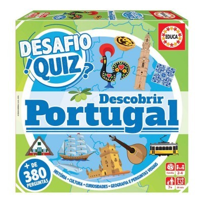 Embalagem colorida do jogo 'Desafio Quiz? Descobrir Portugal' com imagens e texto