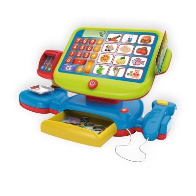 Caixa registadora de brinquedo colorida com teclado e visor digital.
