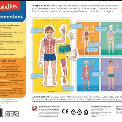 Jogo educativo Corpo humano da Clementoni para crianças, embalagem com imagens anatómicas e instruções.