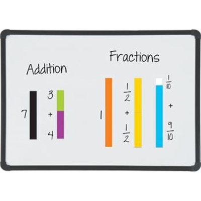 Quadro branco magnético com escrita e barras coloridas mostrando adição e frações