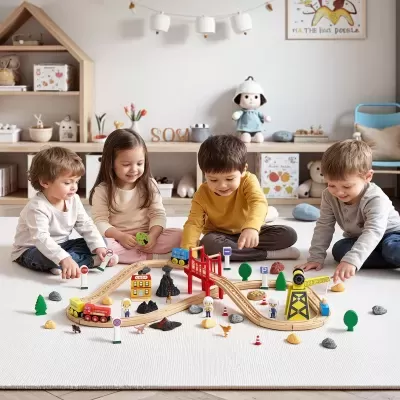 Crianças a brincar no chão com um conjunto de brinquedo ferrovia em madeira colorida numa sala infantil