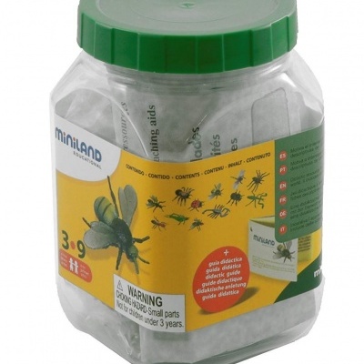 Recipiente plástico com tampa verde e rótulo amarelo contendo insetos educativos Miniland.