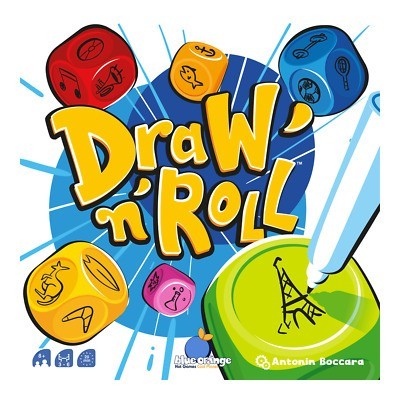 Embalagem do jogo Draw 'n' Roll com dados coloridos e desenho de mão a desenhar.