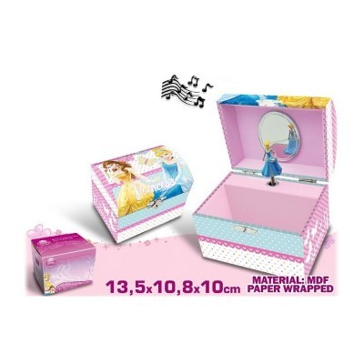 Caixa de música de princesas Disney em MDF rosa e azul com figura de princesa