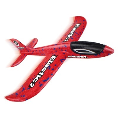 Avião brinquedo vermelho com manchas azuis e texto ELASTIC-2