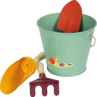 Conjunto de brinquedos de jardinagem infantis com balde verde e ferramentas coloridas