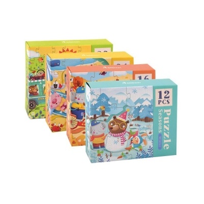 Conjunto de quatro puzzles infantis com temas das estações, caixas coloridas organizadas em fila.