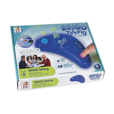 Embalagem jogo Bingo Talking Lucky Line com dispositivo azul e imagem pessoas a jogar