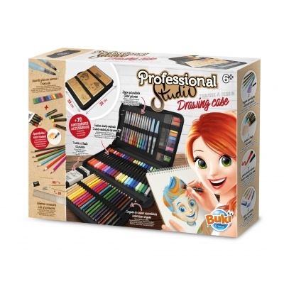 Estojo de desenho Professional Studio com múltiplas canetas coloridas e lápis, embalagem com desenho de menina surpreendida