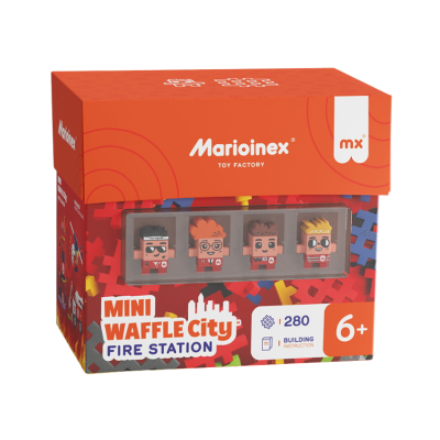 Caixa laranja e vermelha do conjunto de construção Marioinex MINI WAFFLE CITY FIRE STATION com figuras de bombeiros