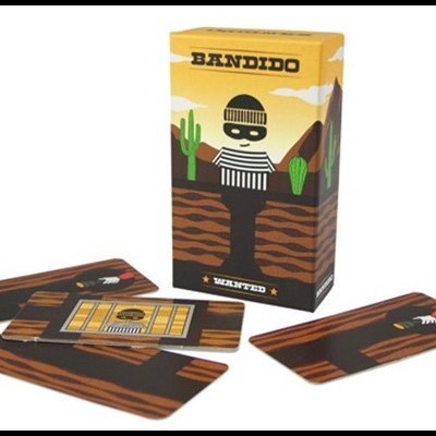 Jogo de cartas Bandido com caixa amarela e cartas com padrão castanho e ilustrações de bandido e cela