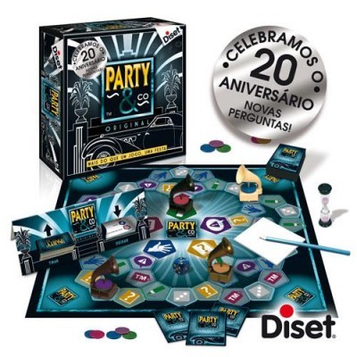 Jogo de tabuleiro Party & Co Original com componentes coloridos e embalagem preta comemorativa