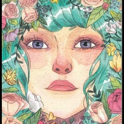 Ilustração de rosto feminino com cabelos azuis cercado por flores coloridas