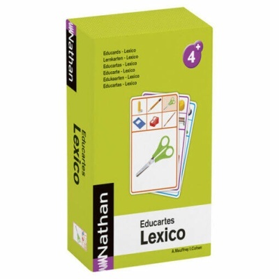 Caixa verde de cartas educativas Nathan Lexico para crianças 4+ anos com ilustrações de objetos.