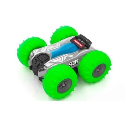 Carrinho de brinquedo cinza e azul com rodas verdes e texto STUNT
