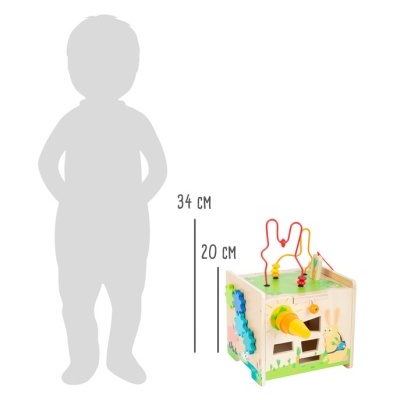 Brinquedo educativo de madeira em forma de cubo com atividades coloridas e figura de coelho.