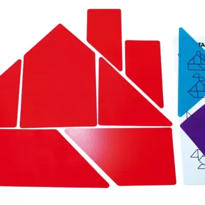 Peças coloridas de tangram em plástico com carta ilustrada