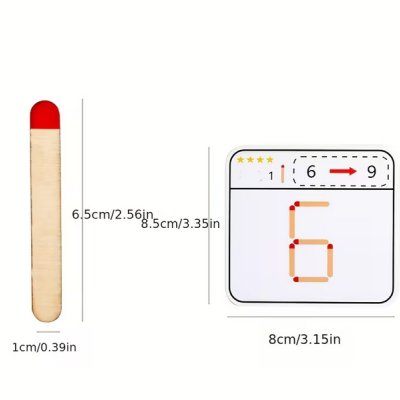 Pau de fósforo de madeira com ponta vermelha e cartão com números elaborados com fósforos.