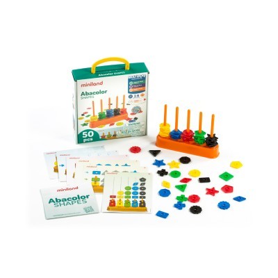 Jogo educativo Abacolor Shapes com peças coloridas e caixa com alça amarela