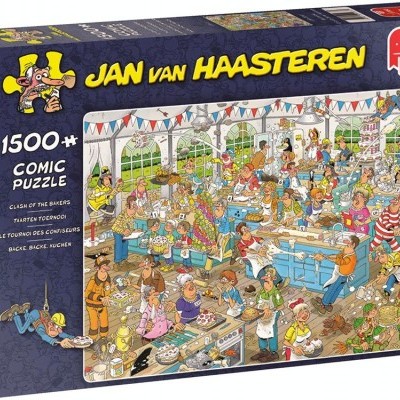 Caixa de puzzle Jumbo Jan van Haasteren com 1500 peças mostrando festa interior com muitas personagens.