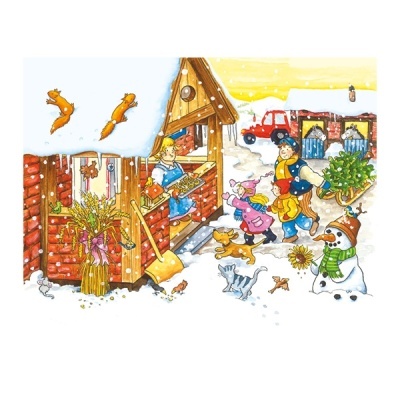 Cenário de inverno com casa de madeira e boneco de neve com animais e crianças
