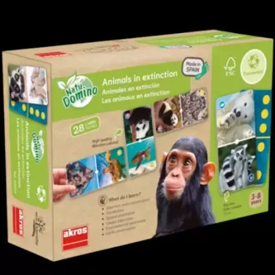 Caixa de jogo educativo NatulDomino com imagens de animais em extinção.